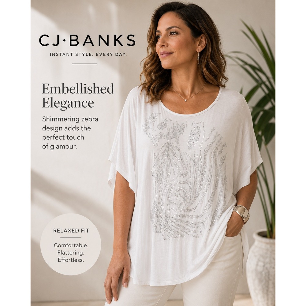 NEW CJ Banks White Zebra Sequin Embellished Tunic Top Plus Size 3X